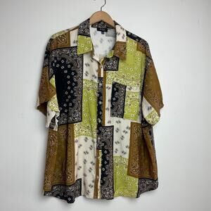 Plus Size Western Boho Bandana Americana Patchwork Button Up Shirt 2X Earth Tone